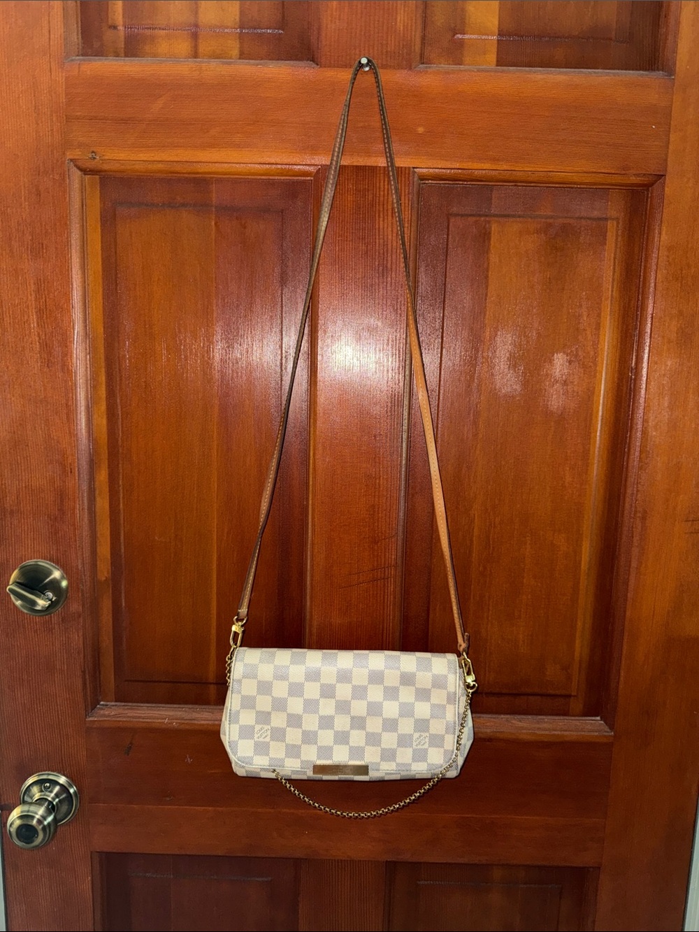 Louis Vuitton Damier Azur Crossbody Bag in Light Beige and White with Tan Strap